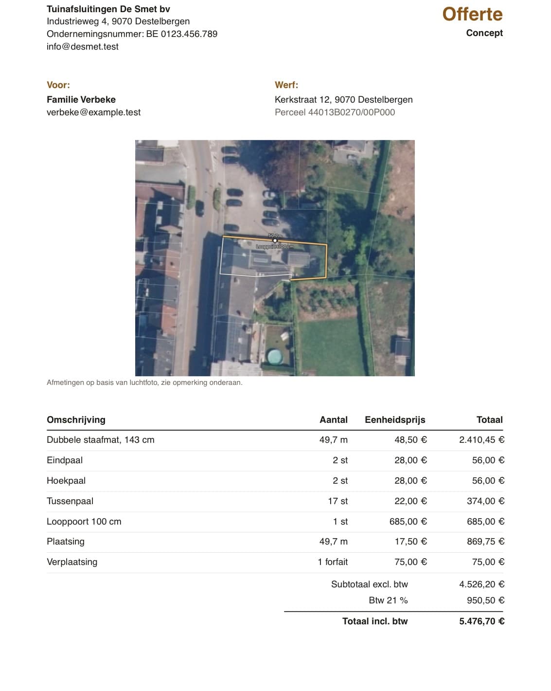 Een offerte als pdf met het kaartbeeld en de offertelijnen.
